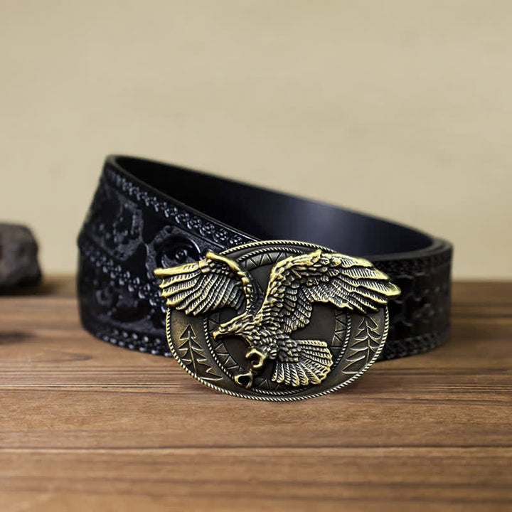 Men's DIY Flying Bald Eagle Buckle Leather Belt - Antique Bronze - Black Carved Belt (40) - image 14