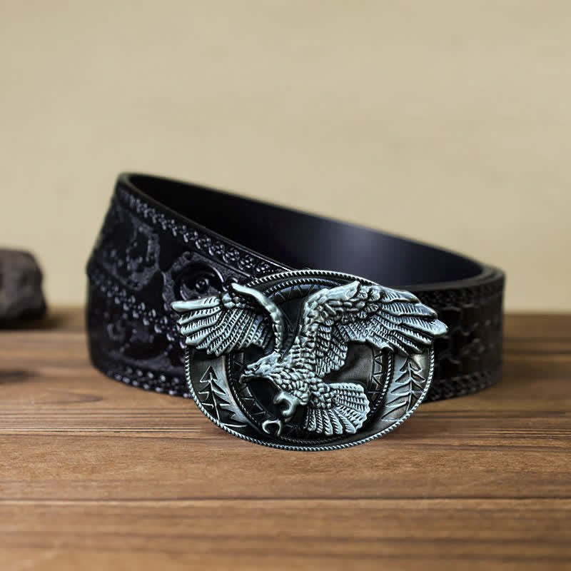 Men's DIY Flying Bald Eagle Buckle Leather Belt - Antique Silver - Black Carved Belt (40) - image 15