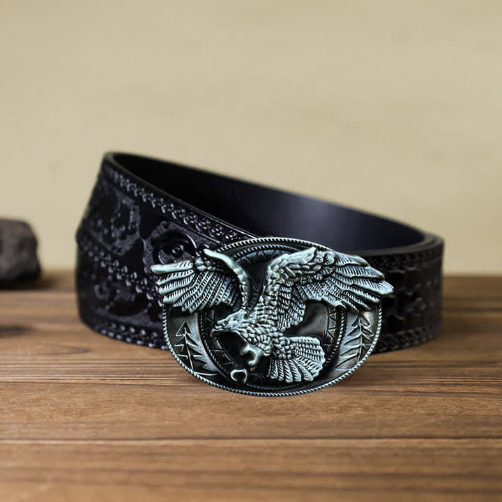 Men's DIY Flying Bald Eagle Buckle Leather Belt - Antique Silver - Black Carved Belt (40) - image 15