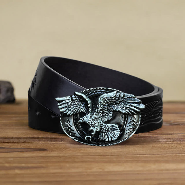 Men's DIY Flying Bald Eagle Buckle Leather Belt - Antique Silver - Black Embossed Eagle Belt (40) - image 9