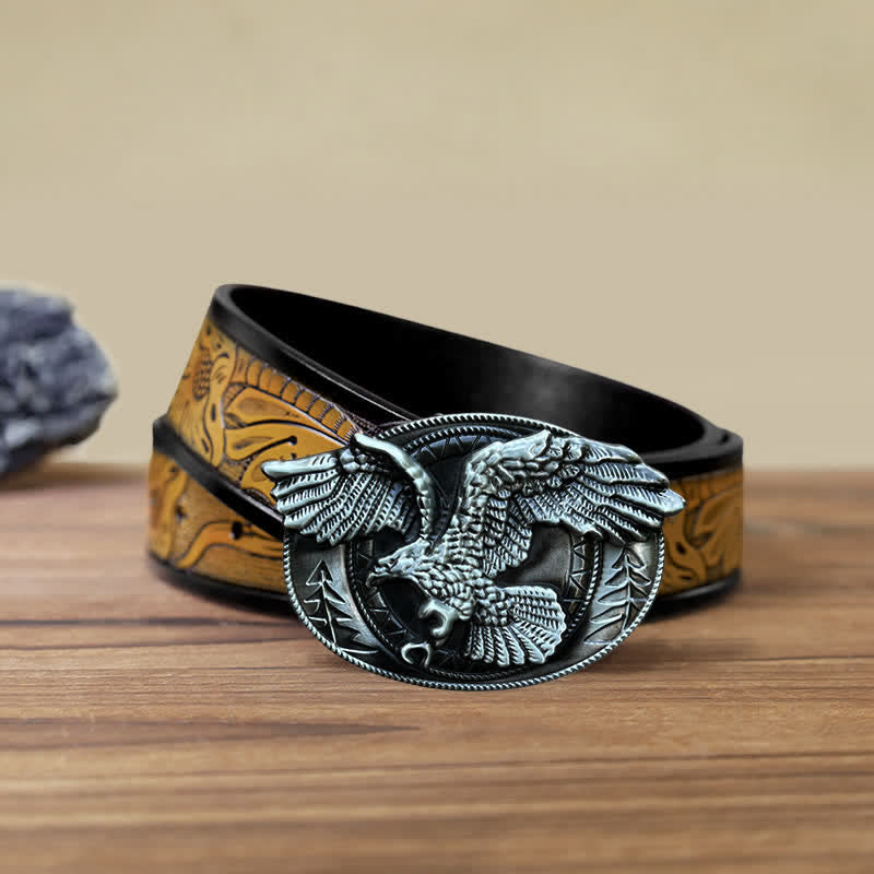 Men's DIY Flying Bald Eagle Buckle Leather Belt - Antique Silver - SandyBrown Belt (40) - image 21