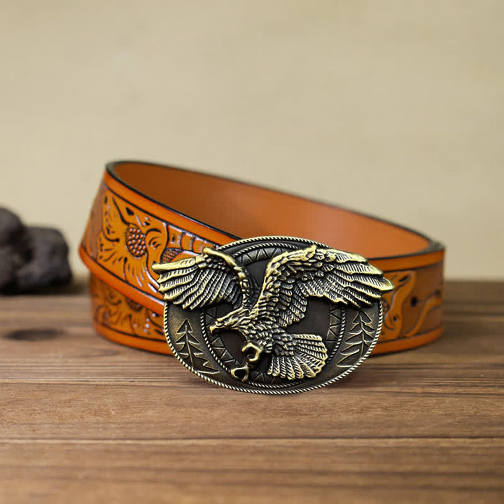 Men's DIY Flying Bald Eagle Buckle Leather Belt - Antique Bronze - Orange Carved Belt (40) - image 23