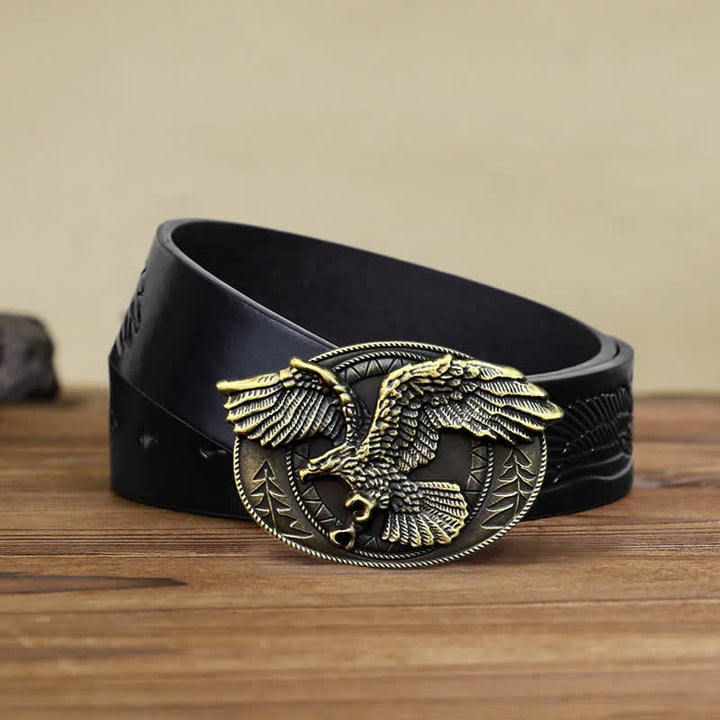 Men's DIY Flying Bald Eagle Buckle Leather Belt - Antique Bronze - Black Embossed Eagle Belt (40) - image 8