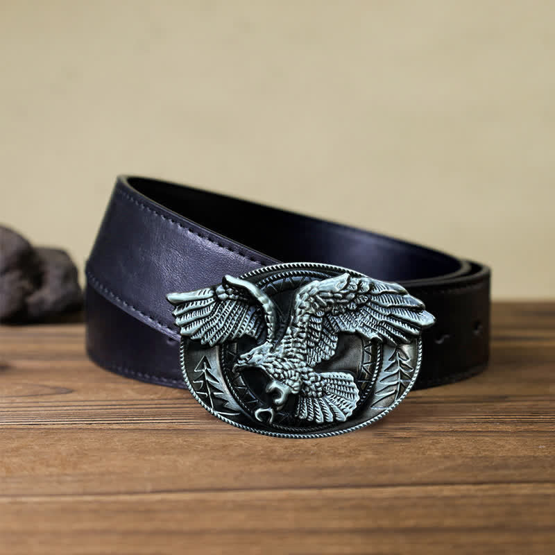 Men's DIY Flying Bald Eagle Buckle Leather Belt - Antique Silver - Black PU Belt (40) - image 6