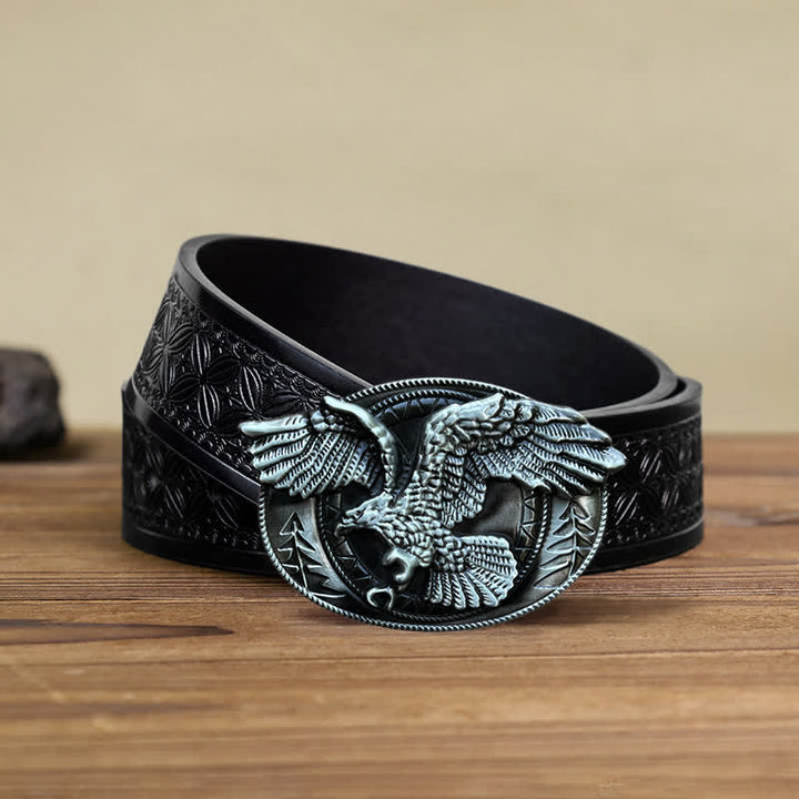 Men's DIY Flying Bald Eagle Buckle Leather Belt - Antique Silver - Black Embossed Weave Belt (40) - image 12