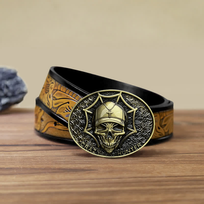 Men's DIY Crazy Hunter Skull Buckle Leather Belt - Antique Bronze - SandyBrown Belt (40) - image 20