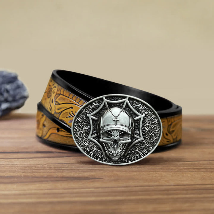 Men's DIY Crazy Hunter Skull Buckle Leather Belt - Antique Silver - SandyBrown Belt (40) - image 19