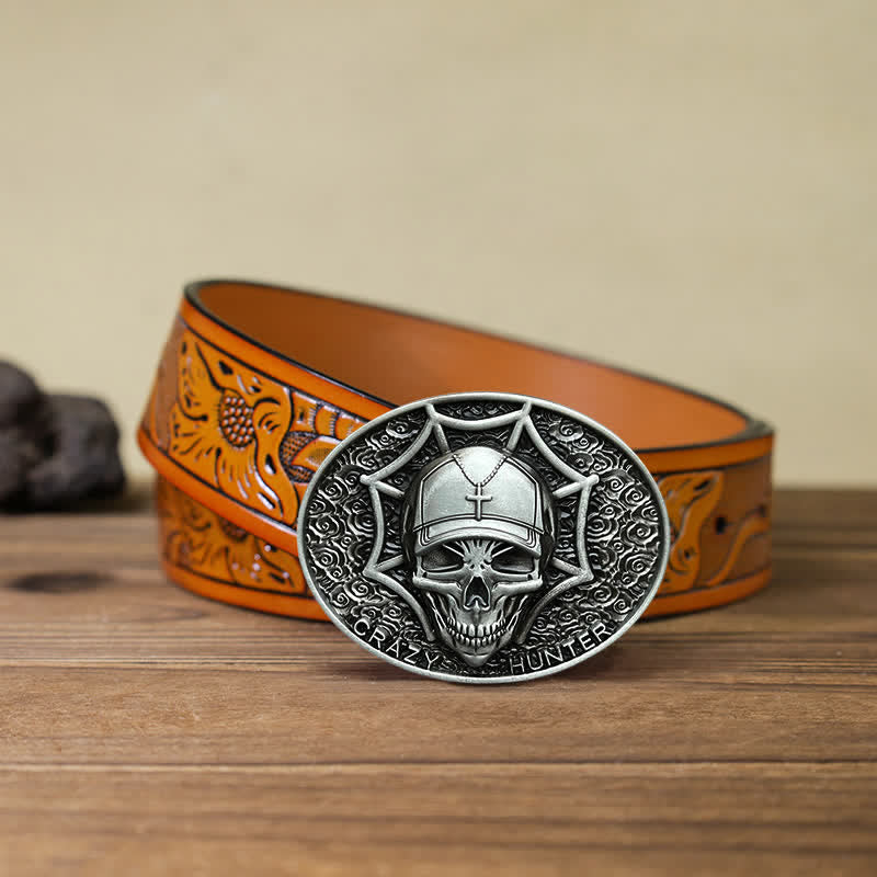 Men's DIY Crazy Hunter Skull Buckle Leather Belt - Antique Silver - Orange Carved Belt (40) - image 22