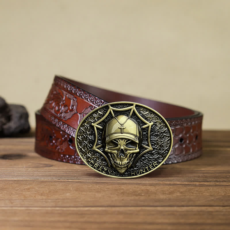 Men's DIY Crazy Hunter Skull Buckle Leather Belt - Antique Bronze - Brown Carved Belt (40) - image 17