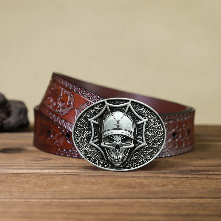 Men's DIY Crazy Hunter Skull Buckle Leather Belt - Antique Silver - Brown Carved Belt (40) - image 16