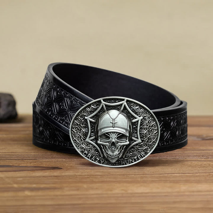 Men's DIY Crazy Hunter Skull Buckle Leather Belt - Antique Silver - Black Embossed Weave Belt (40) - image 10