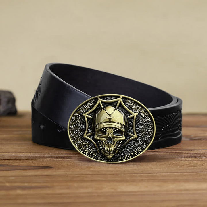 Men's DIY Crazy Hunter Skull Buckle Leather Belt - Antique Bronze - Black Embossed Eagle Belt (40) - image 8