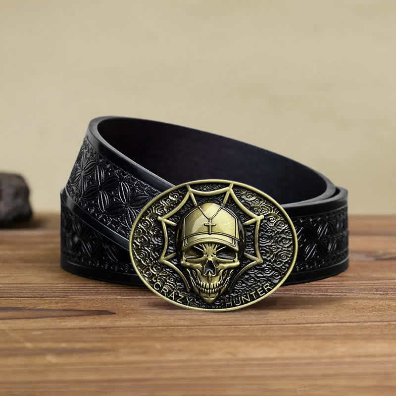 Men's DIY Crazy Hunter Skull Buckle Leather Belt - Antique Bronze - Black Embossed Weave Belt (40) - image 11