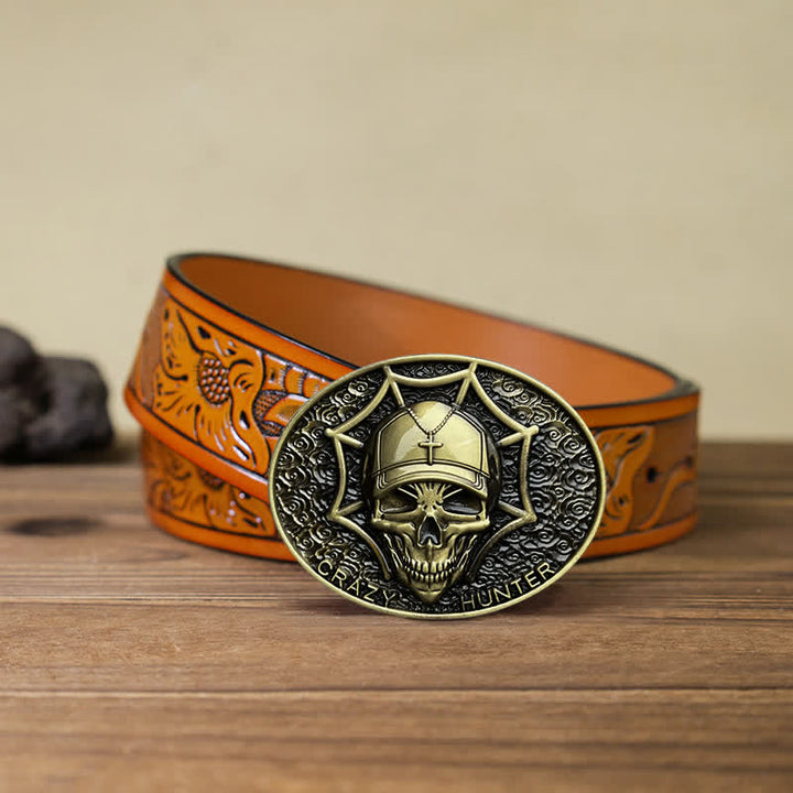 Men's DIY Crazy Hunter Skull Buckle Leather Belt - Antique Bronze - Orange Carved Belt (40) - image 23