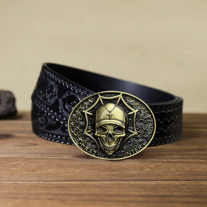 Men's DIY Crazy Hunter Skull Buckle Leather Belt - Antique Bronze - Black Carved Belt (40) - image 14