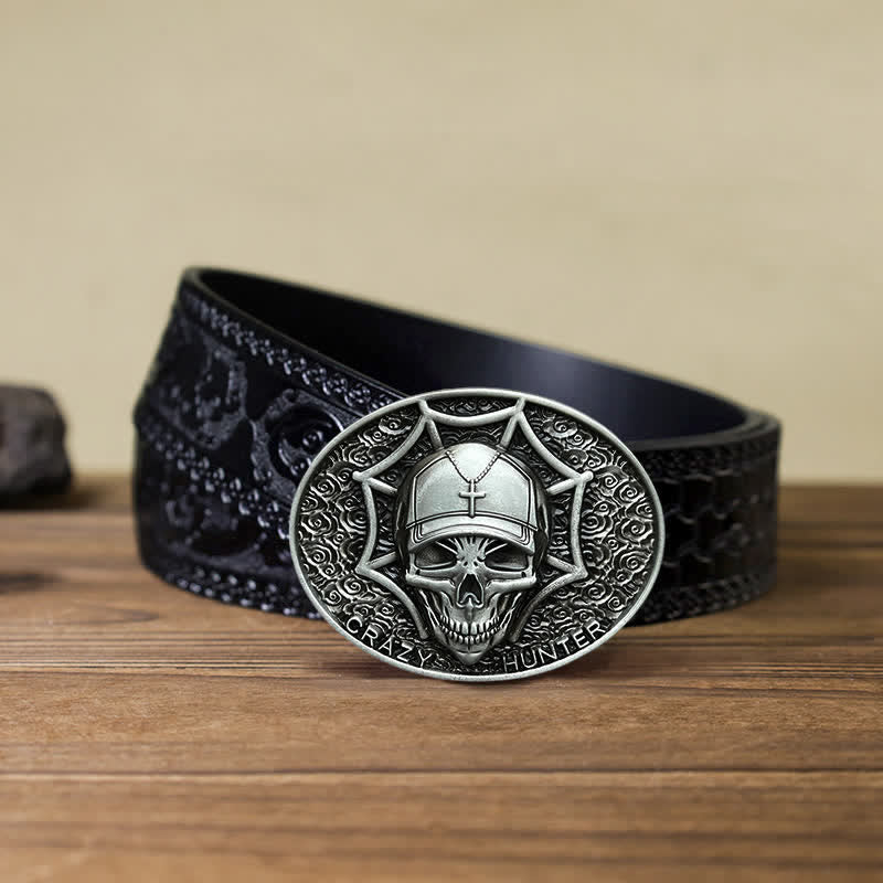 Men's DIY Crazy Hunter Skull Buckle Leather Belt - Antique Silver - Black Carved Belt (40) - image 13
