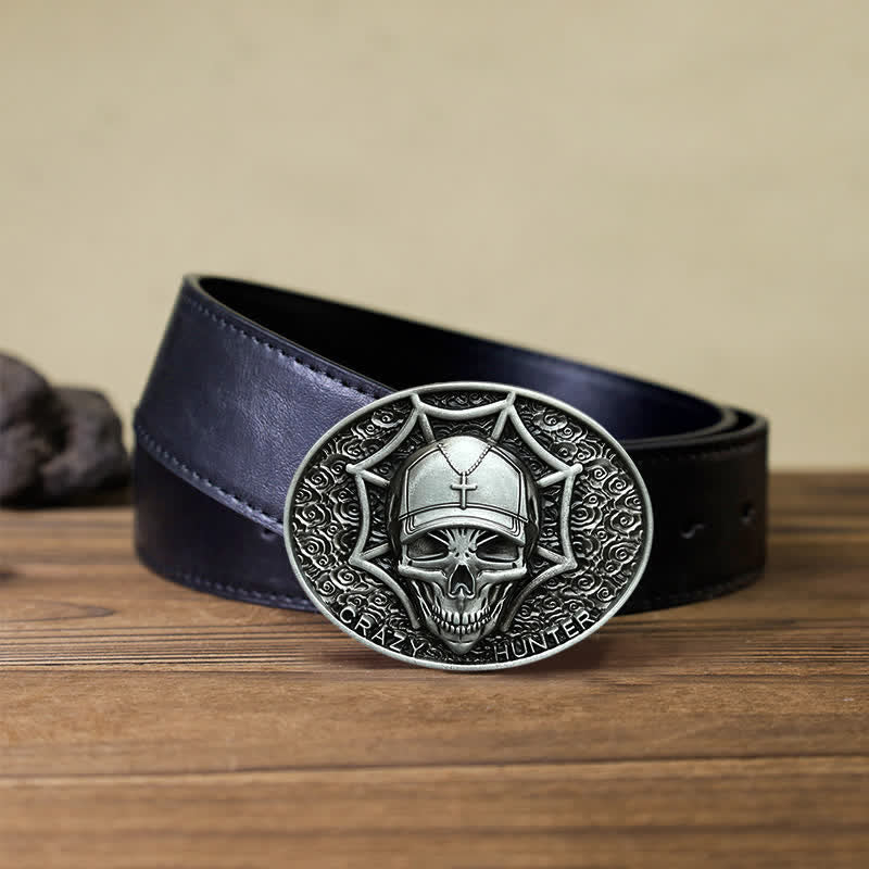 Men's DIY Crazy Hunter Skull Buckle Leather Belt - Antique Silver - Black PU Belt (40) - image 4