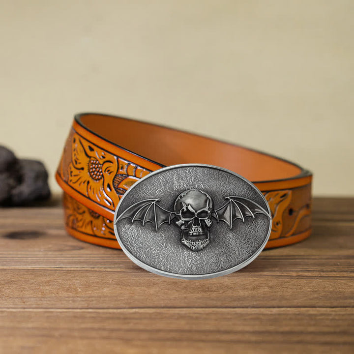 Men's DIY Punk Bat Wings Skull Buckle Leather Belt - Skull - Orange Carved Belt (40) - image 16