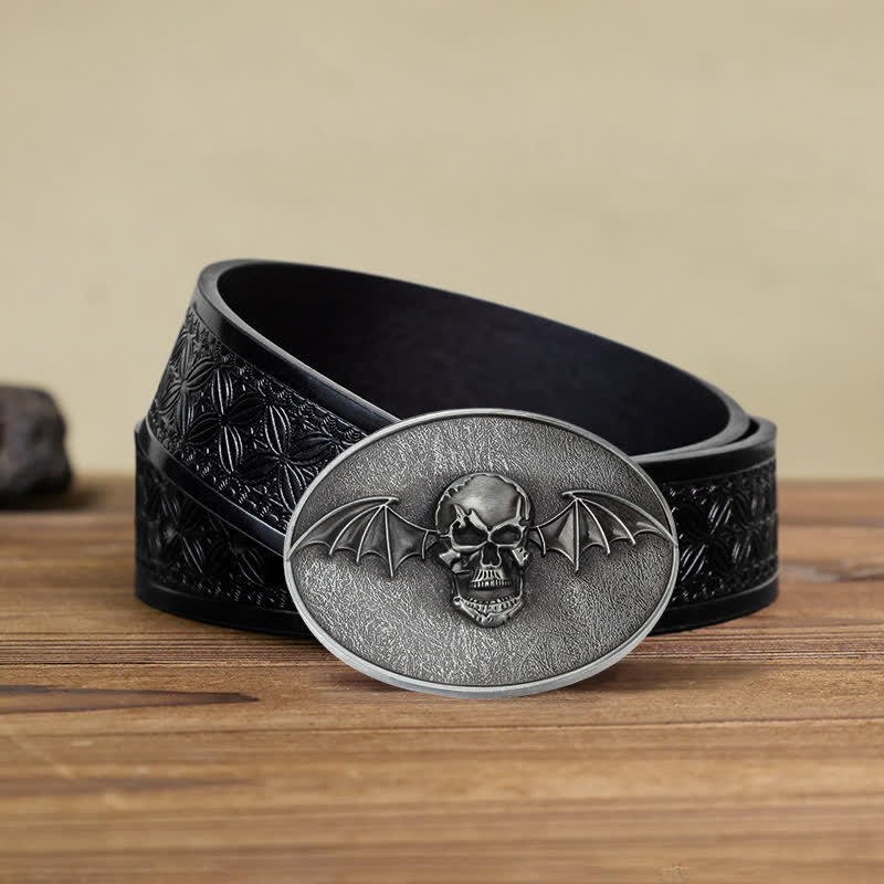 Men's DIY Punk Bat Wings Skull Buckle Leather Belt - Skull - Black Embossed Weave Belt (40) - image 8