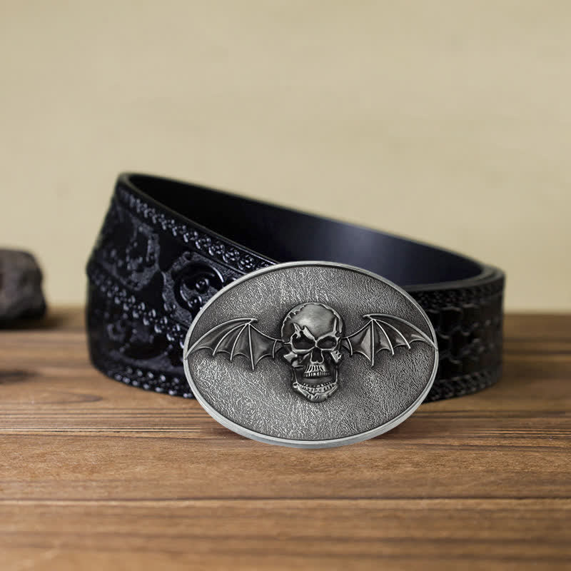 Men's DIY Punk Bat Wings Skull Buckle Leather Belt - Skull - Black Carved Belt (40) - image 10