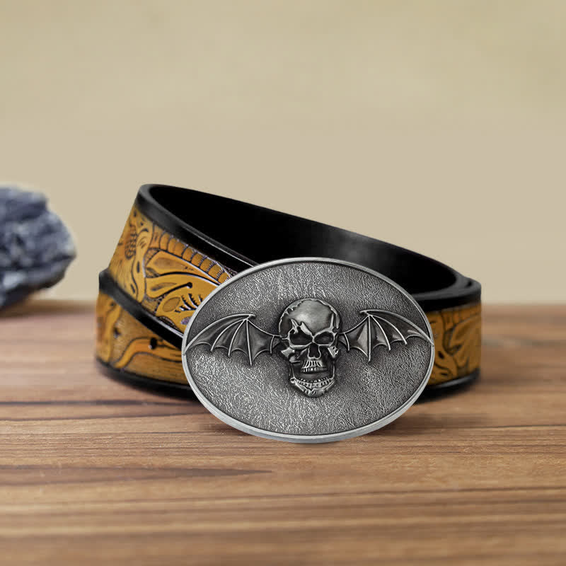 Men's DIY Punk Bat Wings Skull Buckle Leather Belt - Skull - SandyBrown Belt (40) - image 14