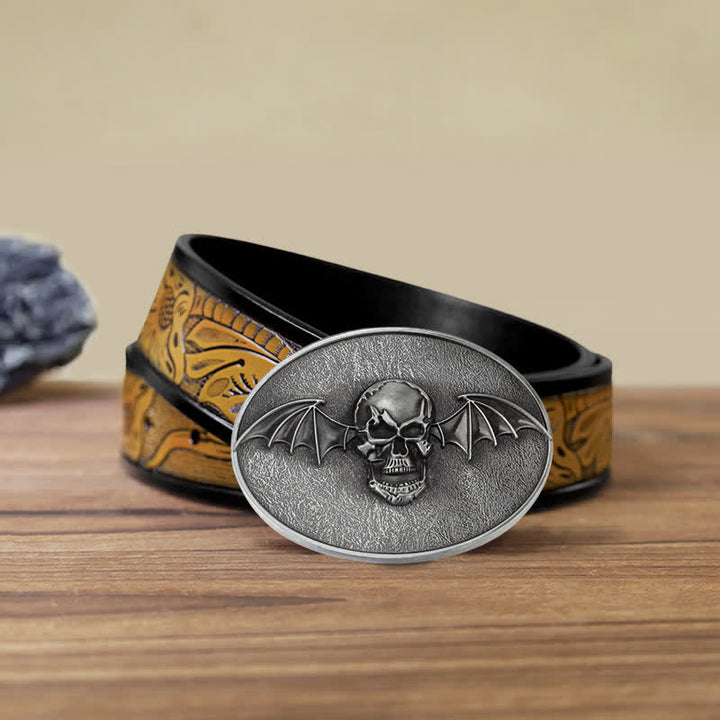 Men's DIY Punk Bat Wings Skull Buckle Leather Belt - Skull - SandyBrown Belt (40) - image 14