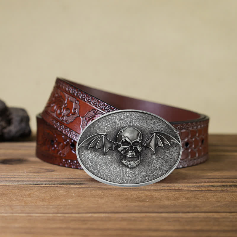 Men's DIY Punk Bat Wings Skull Buckle Leather Belt - Skull - Brown Carved Belt (40) - image 12