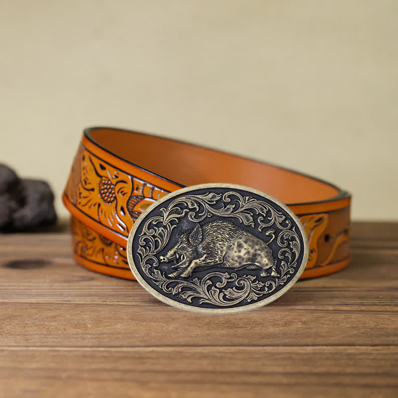 Men's DIY Novelty Wild Boar Buckle Leather Belt - Wild Boar - Orange Carved Belt (40) - image 17