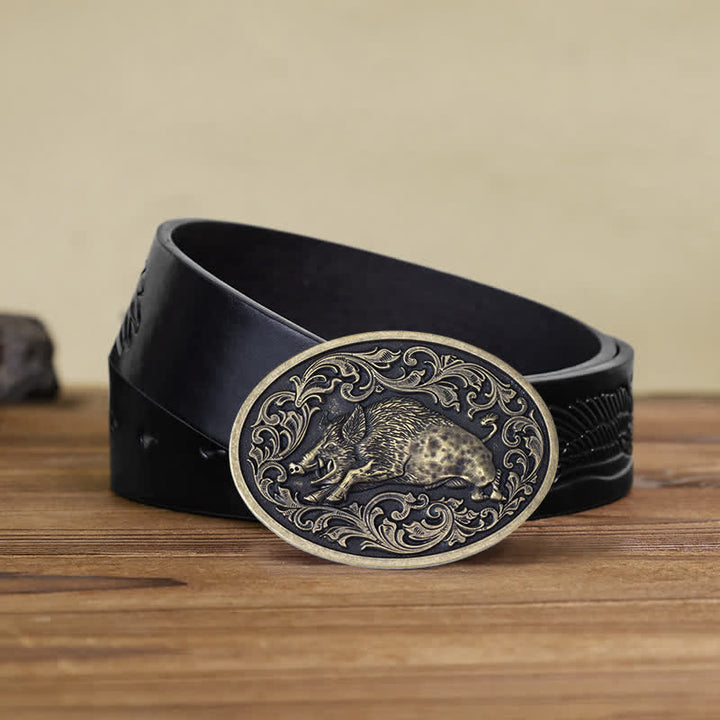 Men's DIY Novelty Wild Boar Buckle Leather Belt - Wild Boar - Black Embossed Eagle Belt (40) - image 7