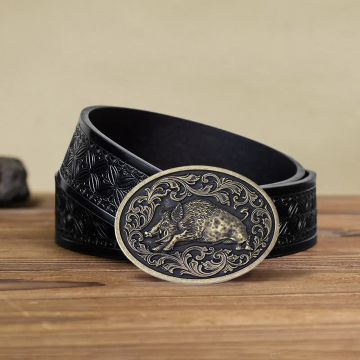 Men's DIY Novelty Wild Boar Buckle Leather Belt - Wild Boar - Black Embossed Weave Belt (40) - image 9