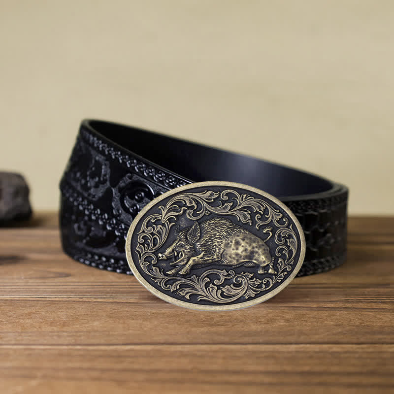 Men's DIY Novelty Wild Boar Buckle Leather Belt - Wild Boar - Black Carved Belt (40) - image 11