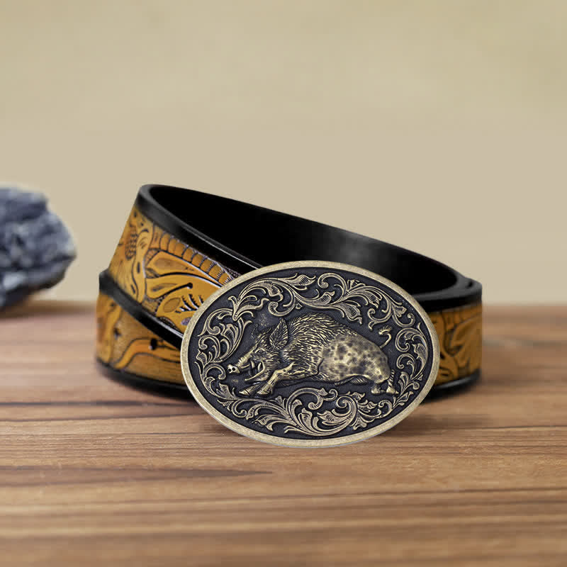 Men's DIY Novelty Wild Boar Buckle Leather Belt - Wild Boar - SandyBrown Belt (40) - image 15