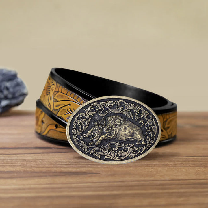 Men's DIY Novelty Wild Boar Buckle Leather Belt - Wild Boar - SandyBrown Belt (40) - image 15