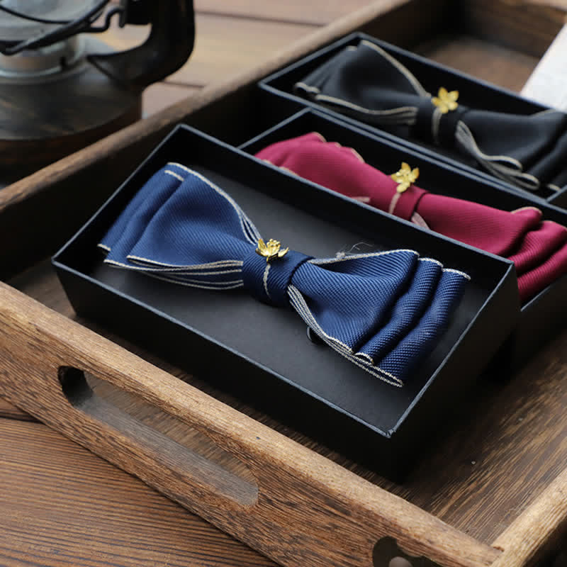 Men's Golden Flower Narrow Triple Layered Bow Tie - Navy - image 5