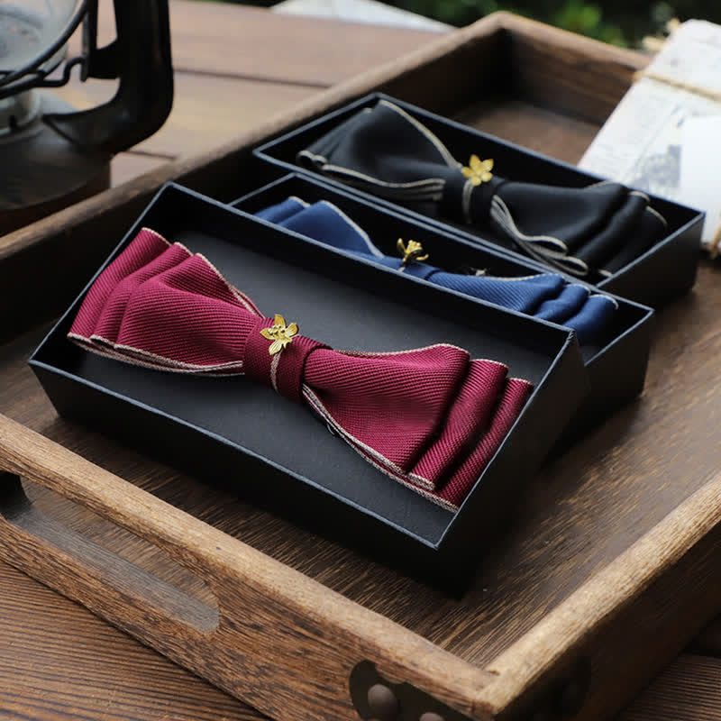 Men's Golden Flower Narrow Triple Layered Bow Tie - Burgundy - image 0