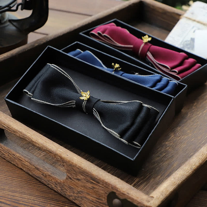 Men's Golden Flower Narrow Triple Layered Bow Tie - Black - image 4