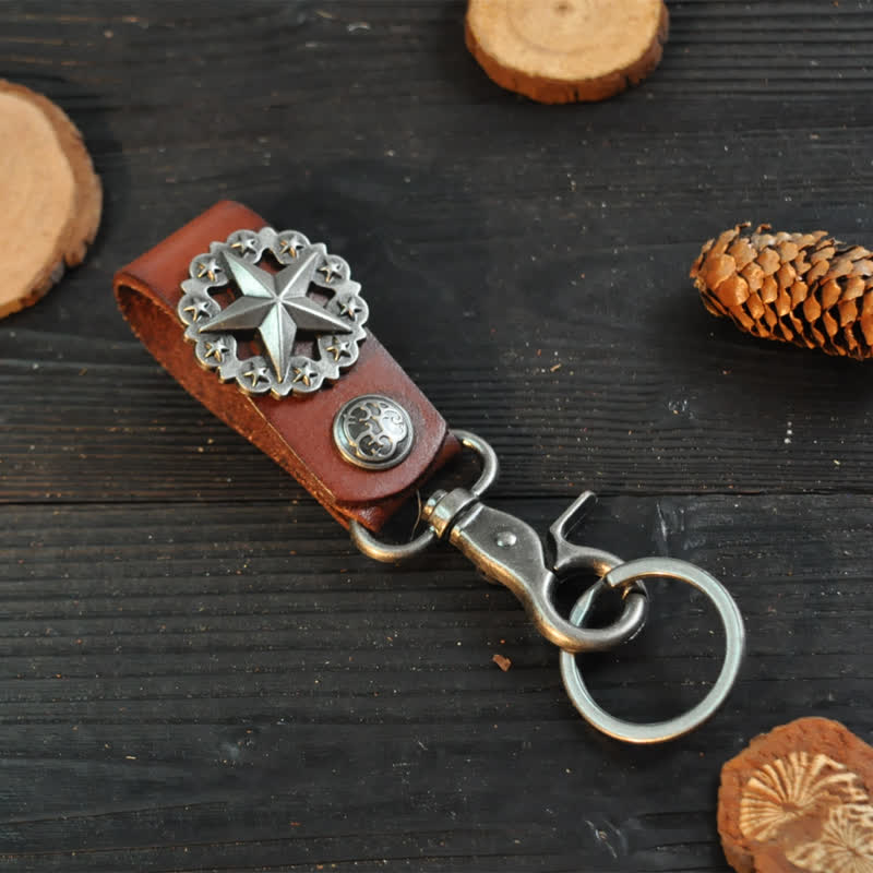 Lone Star Badge Cowhide Leather Keychain - Brown - image 4