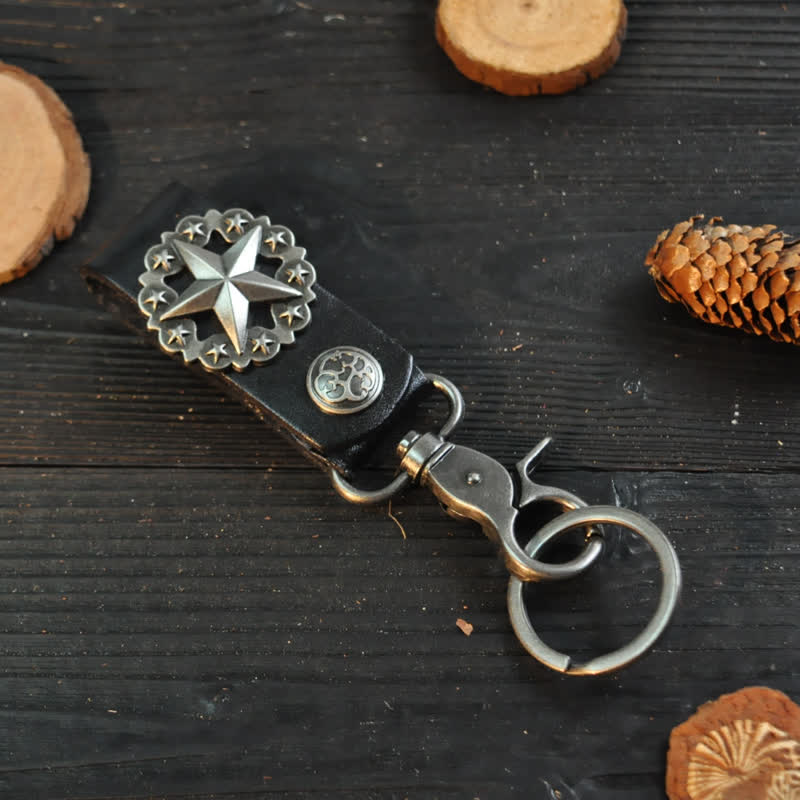 Lone Star Badge Cowhide Leather Keychain - Black - image 2