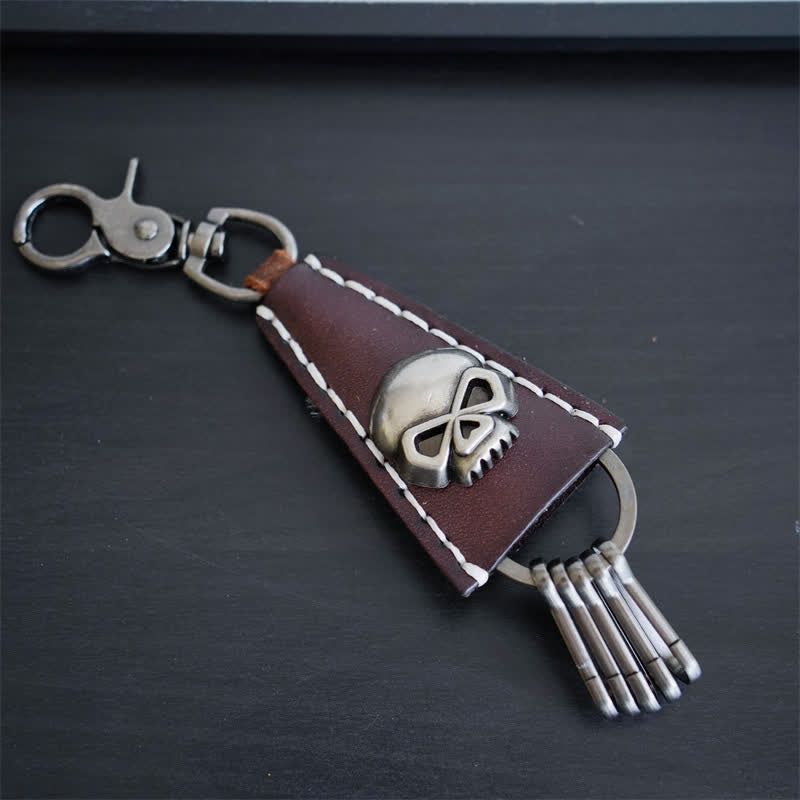Punk Skull Head Handmade Leather Keychain - Coffee - image 5