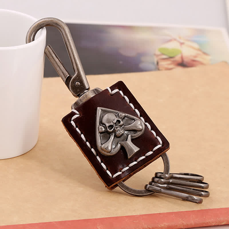 Gothic Skull Poker Ace Handmade Leather Keychain - image 2