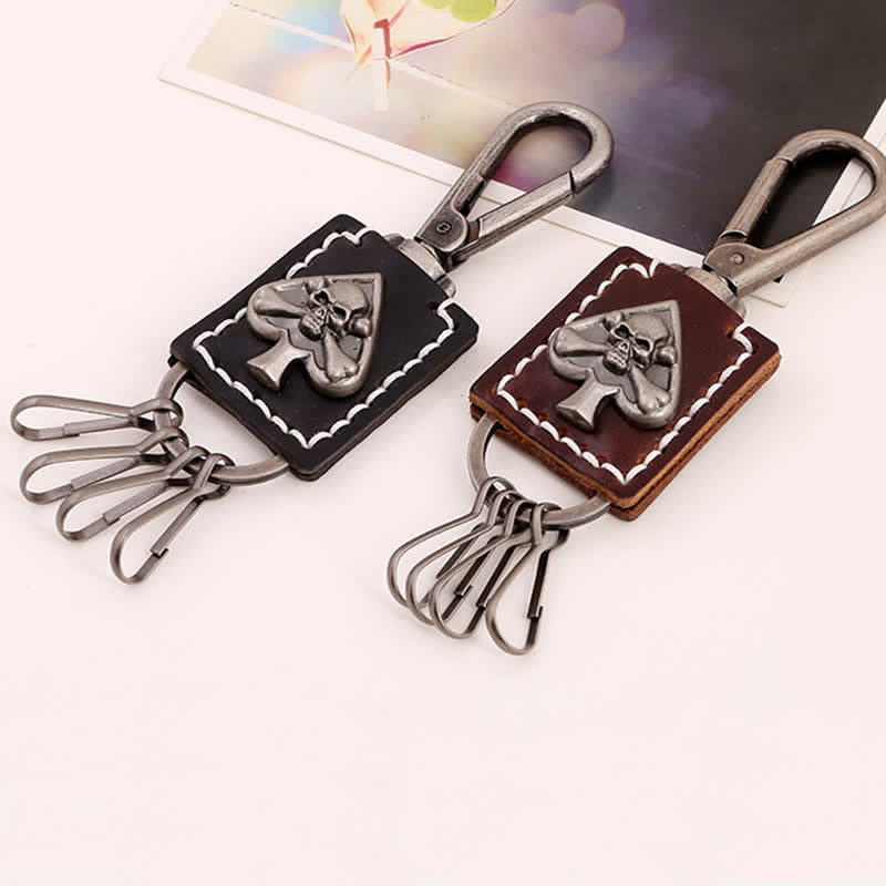 Gothic Skull Poker Ace Handmade Leather Keychain - image 1