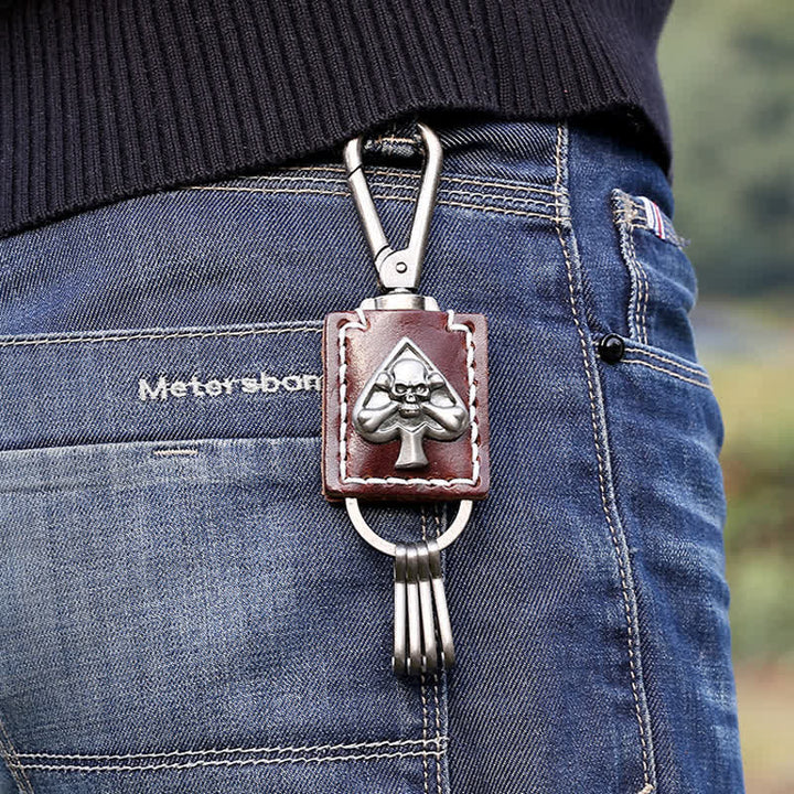 Gothic Skull Poker Ace Handmade Leather Keychain - Brown - image 0