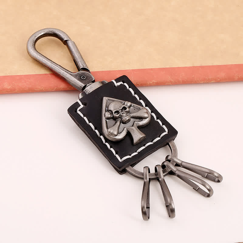 Gothic Skull Poker Ace Handmade Leather Keychain - Black - image 3