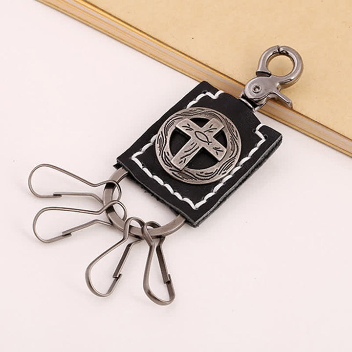 Faithful Cross Ornament Handmade Leather Keychain - Black - image 3