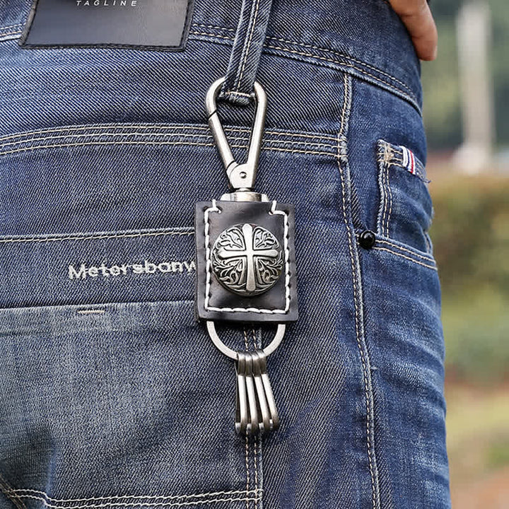 Retro Cross Versatile Handemade Leather Keychain - Black - image 0