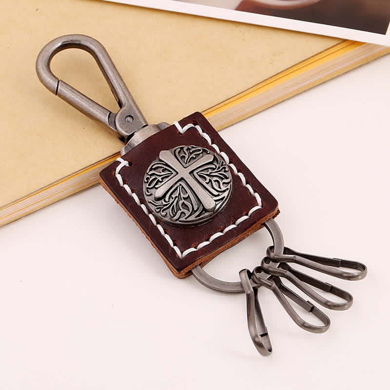 Retro Cross Versatile Handemade Leather Keychain - Brown - image 3