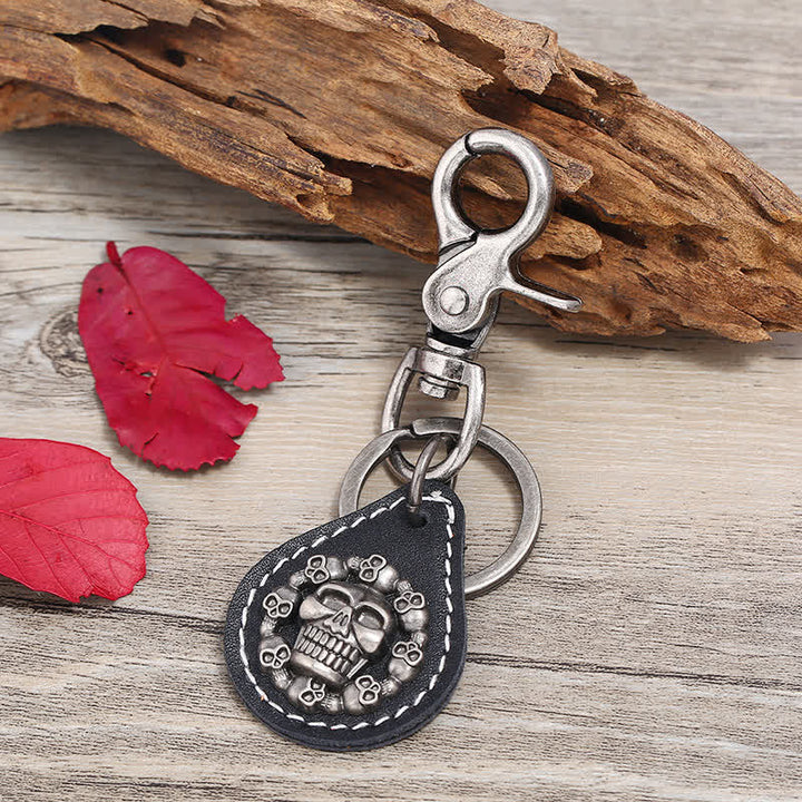 Skeleton Head Punk Pendant Leather Keychain - Black - image 1