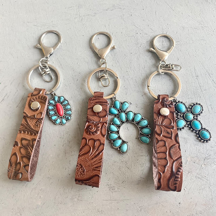 Bohemia Emboss Turquoise Pendant Leather Keychain - image 0