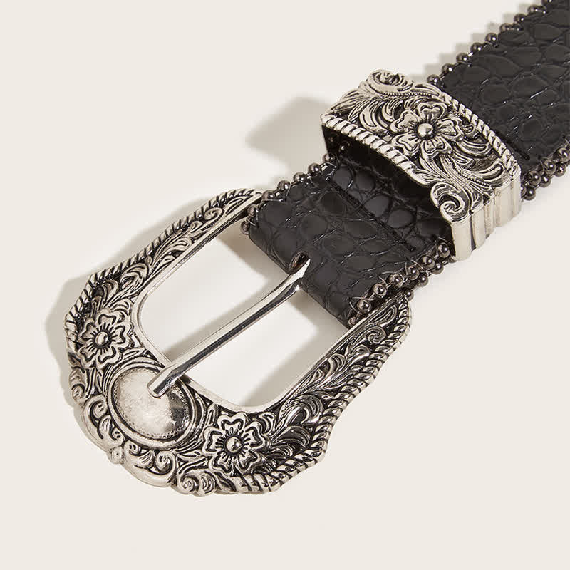 Women's Macrame Edge Crocodile Print Leather Belt - image 1