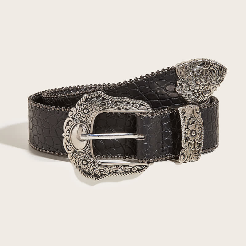 Women's Macrame Edge Crocodile Print Leather Belt - Black - 32 - image 0